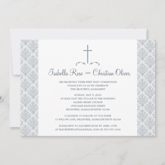 グレーと白のダマスクの最初の聖餐式 招待状 (正面)