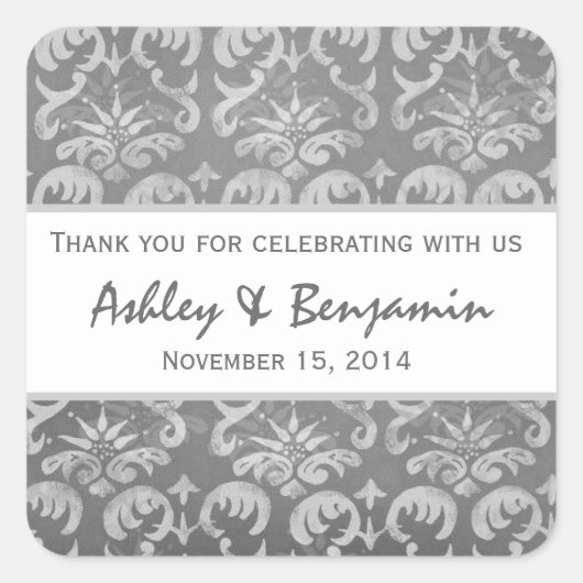 グレーと白のダマスクの結婚式ありがとうS006 スクエアシール (正面)