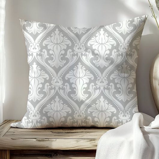 グレーと白のダマスクモダンパターンシスタイリッシュック クッション