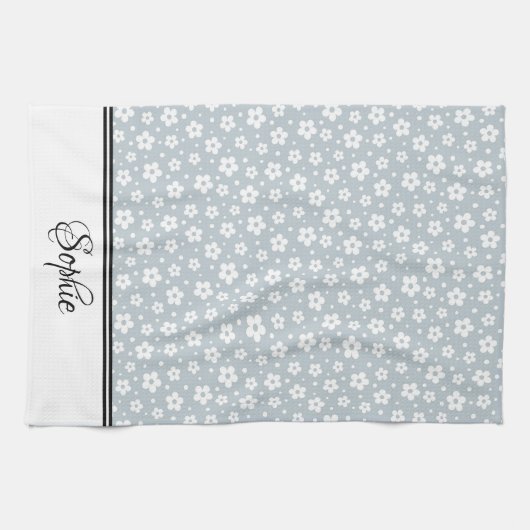 グレーと白のデイジー パーソナライズされた キッチンタオル (横)