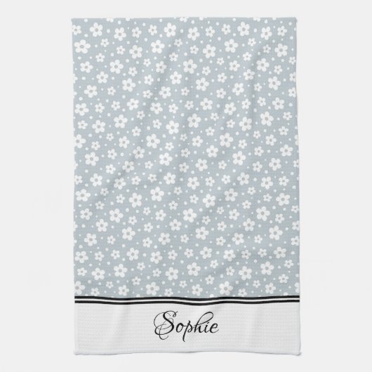グレーと白のデイジー パーソナライズされた キッチンタオル (縦)