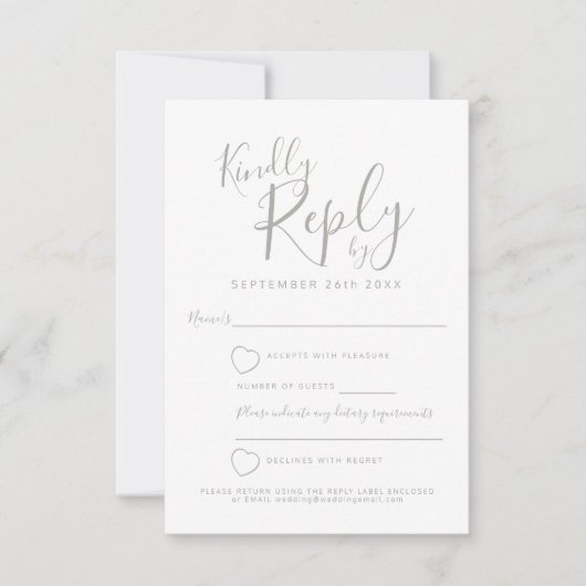 グレーと白のハート結婚の返信RSVP 出欠カード (正面)