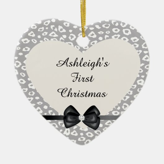 グレーと白のヒョウのプリント(弓つき) セラミックオーナメント (正面)