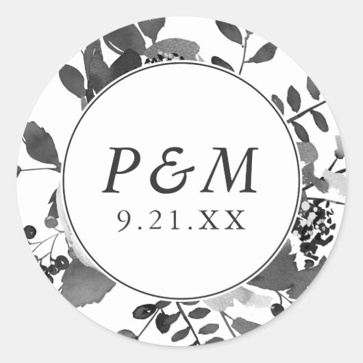 グレーと白のフローラ日付の結婚保存 ラウンドシール (正面)