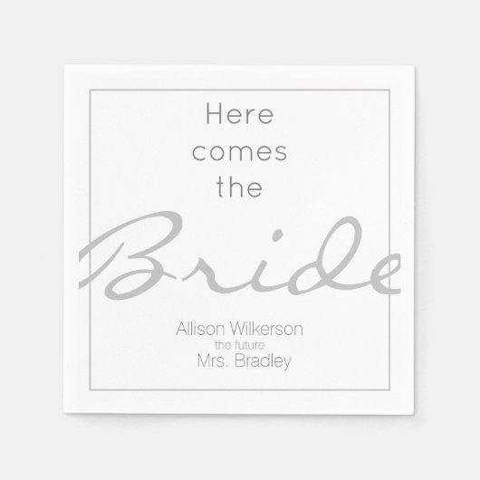 グレーと白のブライダルシャワー来ここザ・ブライド スタンダードカクテルナプキン (正面)
