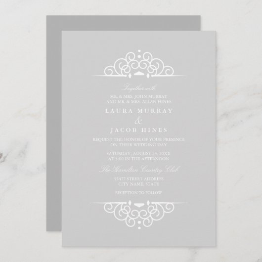 グレーと白のヴィンテージスクロール結婚式招待状 招待状 (正面/裏面)