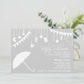 グレーと白の傘のベビースタイリッシュシャワー 招待状 (スタンド正面)