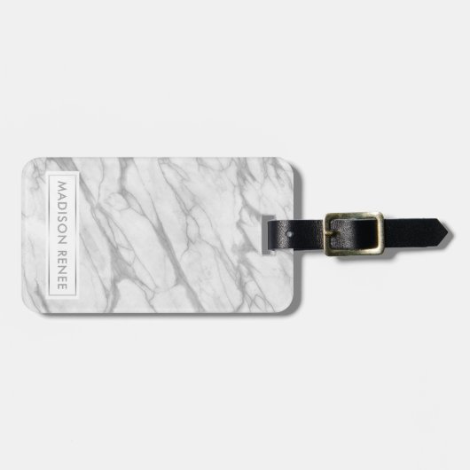 グレーと白の大理石のパーソナライズされた名前 ラゲッジタグ (正面横)