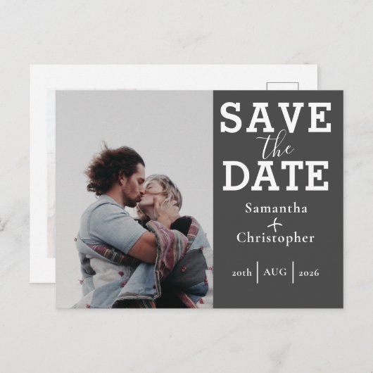 グレーと白の日付の写真テンプレート結婚の 案内ポストカード (正面/裏面)