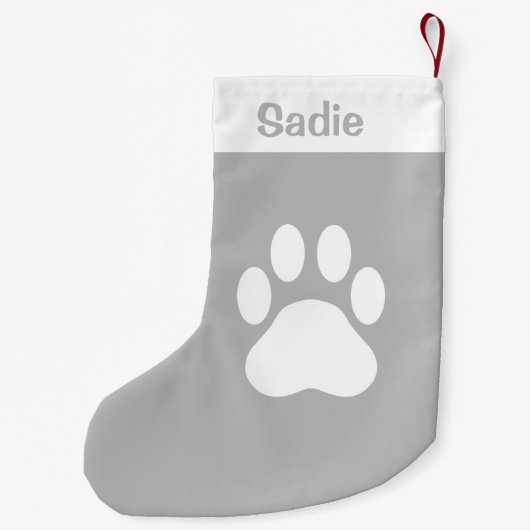 グレーと白の犬の手のシルエットと名前をカスタムする スモールクリスマスストッキング (裏面)