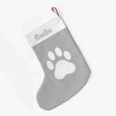 グレーと白の犬の手のシルエットと名前をカスタムする スモールクリスマスストッキング (裏面 (吊り時))