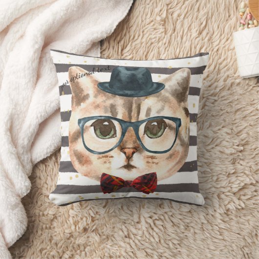 グレーと白ストライプのヒップスター猫頭枕 クッション (ブランケット)