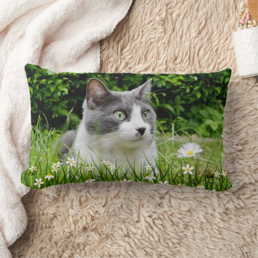 グレーと白タキシード猫と花 ランバークッション (ブランケット)