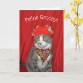 グレーと白ネコHippie Valentine's or誕生日 カード (黄色い花)