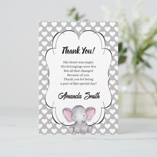 グレーと白ハートゾウ赤ちゃん感謝していシャワーY サンキューカード (スタンド正面)