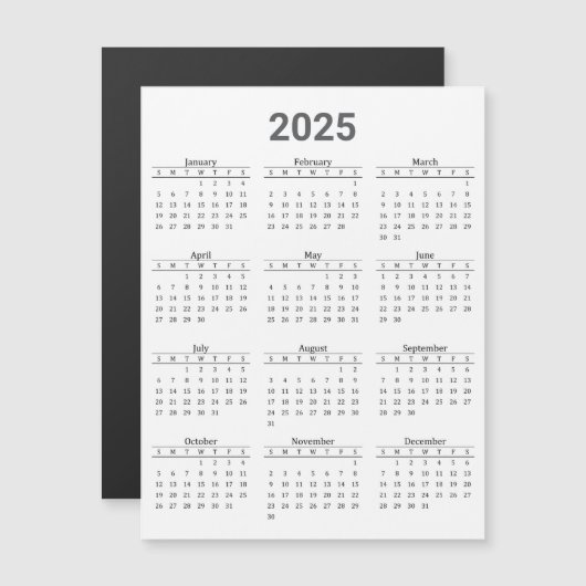 グレーと白2025年カレンダー磁気カード (正面/裏面)