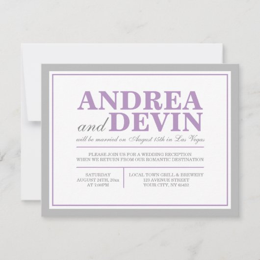 グレーと紫のウェディングレセプションのみ招待状 招待状 (正面)