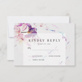 グレーと紫の水色のフローラ結婚ズ 出欠カード