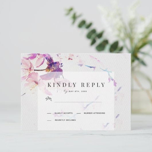 グレーと紫の水色のフローラ結婚ズ 出欠カード (スタンド正面)