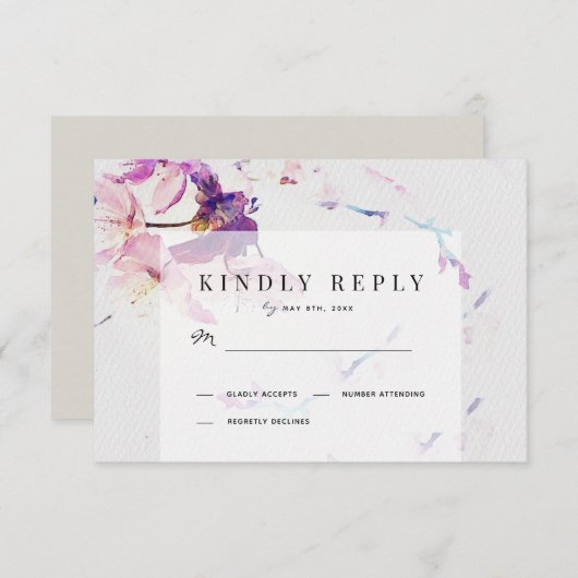 グレーと紫の水色のフローラ結婚ズ 出欠カード (正面/裏面)