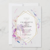 グレーと紫の水色フローラ金ゴールドフレーム結婚ズ 招待状 (正面)