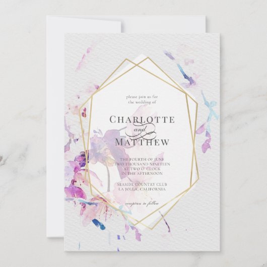 グレーと紫の水色フローラ金ゴールドフレーム結婚ズ 招待状