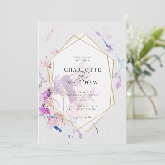 グレーと紫の水色フローラ金ゴールドフレーム結婚ズ 招待状 (スタンド正面)