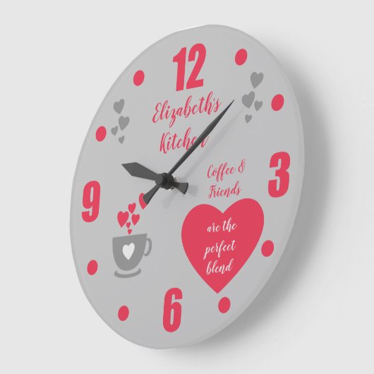 グレーと赤のコーヒーカップ愛ハートキッチン ラージ壁時計 (傾斜)