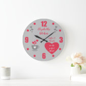 グレーと赤のコーヒーカップ愛ハートキッチン ラージ壁時計 (ホーム)