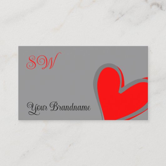グレーと赤のゴージャスなハートとモノグラムかわいい 名刺 (正面)