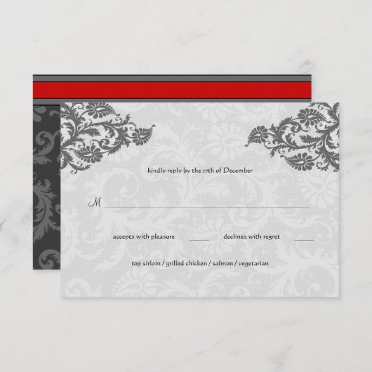 グレーと赤のダンスクスワールRSVPポストカード 出欠カード (正面/裏面)