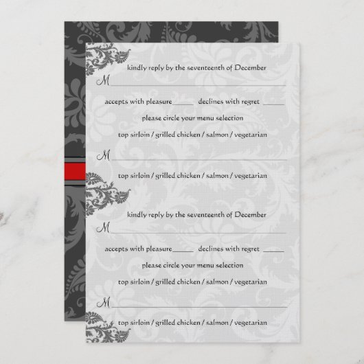 グレーと赤のダンスクスワールRSVPポストカード 招待状 (正面/裏面)