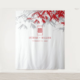 グレーと赤の竹葉の中国の結婚背景 タペストリー