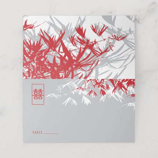 グレーと赤の竹葉の二重中国の西結婚湖 プレイスカード (外部開封)