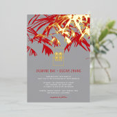 グレーと赤の竹葉の二重中国の西結婚湖 箔招待状 (立ち正面)