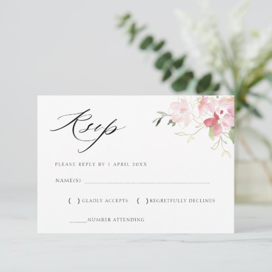 グレーと赤面ピンクのフローラRSVPカード 出欠カード (スタンド正面)