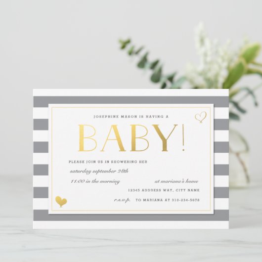 グレーと金ゴールドで赤ちゃんシャワーを表示フェイクする 招待状 (スタンド正面)