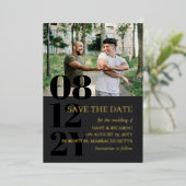 グレーと金ゴールドの結婚タイポグラフィの写真日付を保存 箔招待状 (立ち正面)