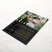 グレーと金ゴールドの結婚タイポグラフィの写真日付を保存 箔招待状 (回転した状態)