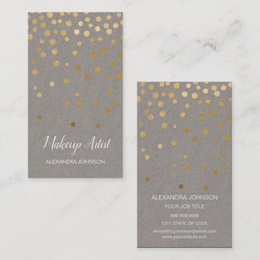 グレーと金ゴールドエレガント紙吹雪メイクアップアーティスト 名刺 (正面/裏面)