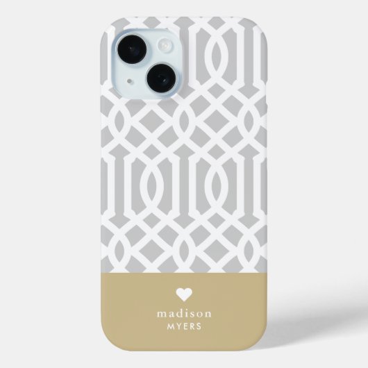 グレーと金ゴールドトレリスハートモノグラム Case-Mate iPhoneケース (裏面)