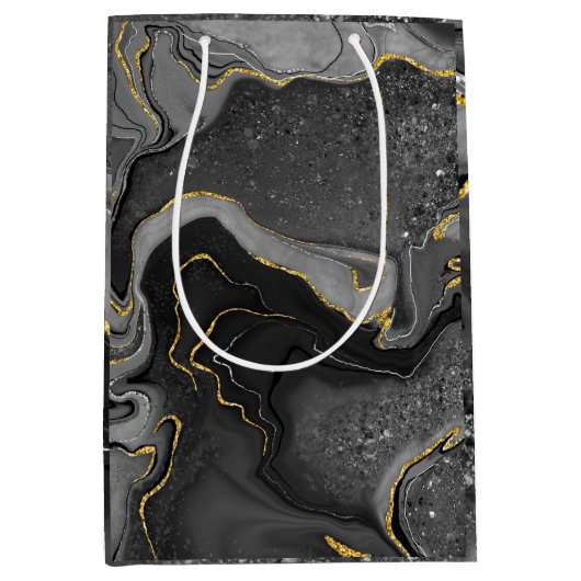 グレーと金ゴールドマーリングデザイン ミディアムペーパーバッグ (正面)