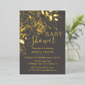 グレーと金ゴールドモダンフローラ赤ちゃんシャワー 箔招待状 (立ち正面)