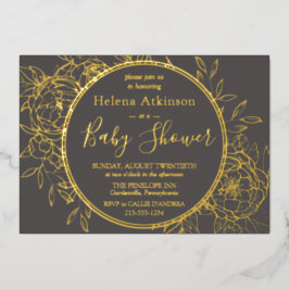 グレーと金ゴールドモダン牡丹トイレベビーシャワー 箔招待状