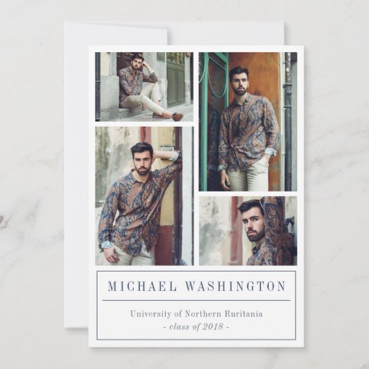 グレーと青の三角形パターン4枚の写真卒業 案内状 (正面)