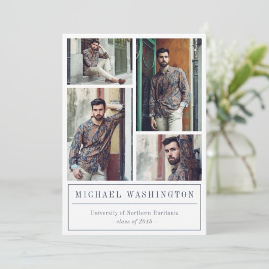 グレーと青の三角形パターン4枚の写真卒業 案内状 (スタンド正面)