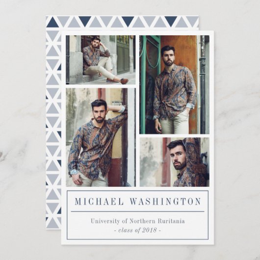 グレーと青の三角形パターン4枚の写真卒業 案内状 (正面/裏面)