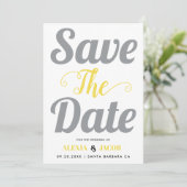 グレーと黄色のタイポグラフィと背面の写真 セーブザデート (スタンド正面)