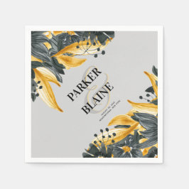 グレーと黄色のフローラ水モダン色結婚の スタンダードカクテルナプキン
