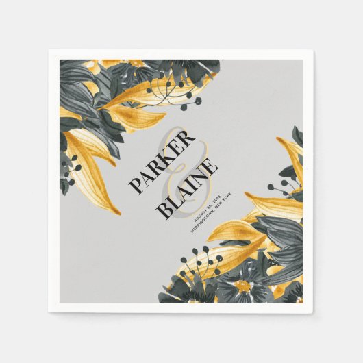 グレーと黄色のフローラ水モダン色結婚の スタンダードカクテルナプキン (正面)